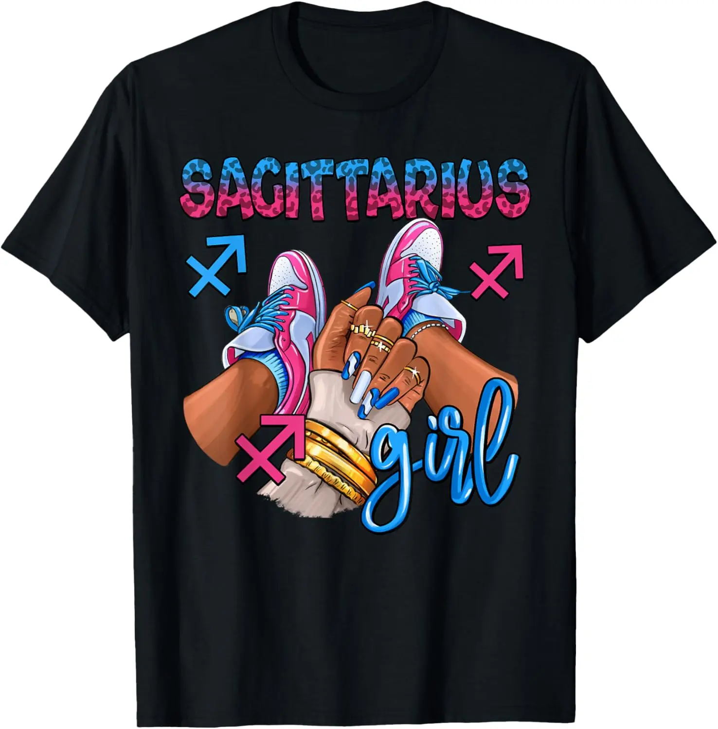 Lady's 100% Cotton Round Neck Short Sleeve Graphic T-Shirt - Sagittarius Zodiac, Black Girl Birthday Design, Everyday Casual Womenswear Top