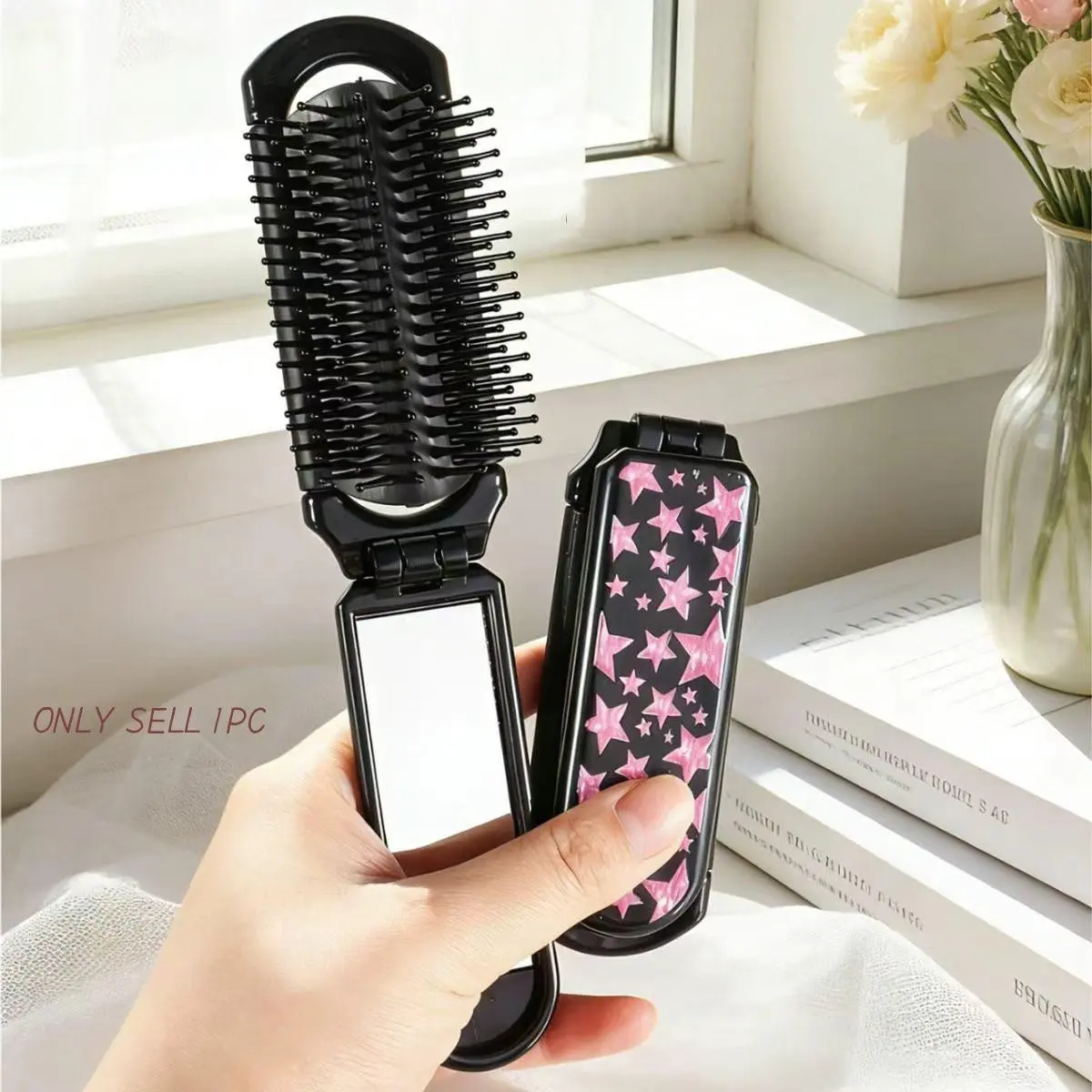Portable Folding Comb with Star Pattern, Self-Contained Mirror, Travel Hair Styling Brush, Hairstyling Comb, Hair Combs, Hairdressing Comb, Hair Grooming Brush, Hair Styling Tools, Suitable for Home Use, Perfect Gift