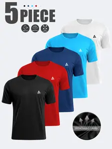 Set of 5 men’s casual athletic printed short-sleeve T-shirts, made from quick-drying, breathable fabric, suitable for everyday wear and running/sports activities