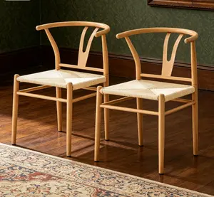 Set of 2 Medieval Y-Shaped Wesborn Armchairs, Natural Wood Tone Iron Frame Chairs with Hand Woven Rope Seat, Retro Stylish Leisure Seating Furniture for Dining Home Decor