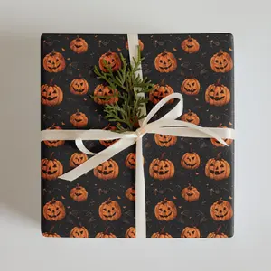 Halloween Wrapping Paper Sheets - Black Background with Orange Jack O' Lanterns & Bats - Matte Finish - Spooky Gift Wrap , Best of gift, Meaningful gift. (Get 1 paper cutter when buying any 5 rolls)