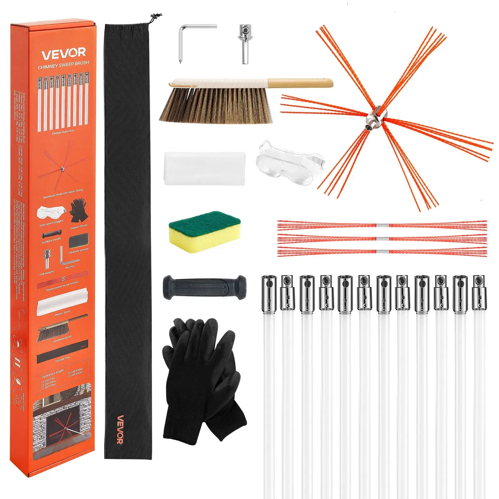 【Summerfinds】VEVOR Chimney Sweep Kit,39 ft Maximum Extendable Length Chimney SweepChimneys Cleaning Kit with Bristle Replacements & Goggles90° Bendable Fireplace Cleaning Toolfor SquareRectangle Chimneys