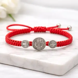 Saint Benedict Red String Bracelet with Medal, Nylon Material, Simple Design