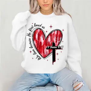 We love because he loved first loved us Crewneck Sweatshirt Gildan Everyday Style Super Soft Unisex Fit Streetwear Graphic Top warm Christmas Gift for her Womenswear Casual Printed Long Sleeve