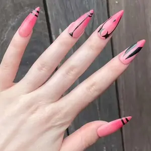 Pink and Black Abstract Press On Nails, Handmade Stiletto Fake Nails, Reusable Gel Acrylic Press On Nails, Edgy Goth Aesthetic Gift
