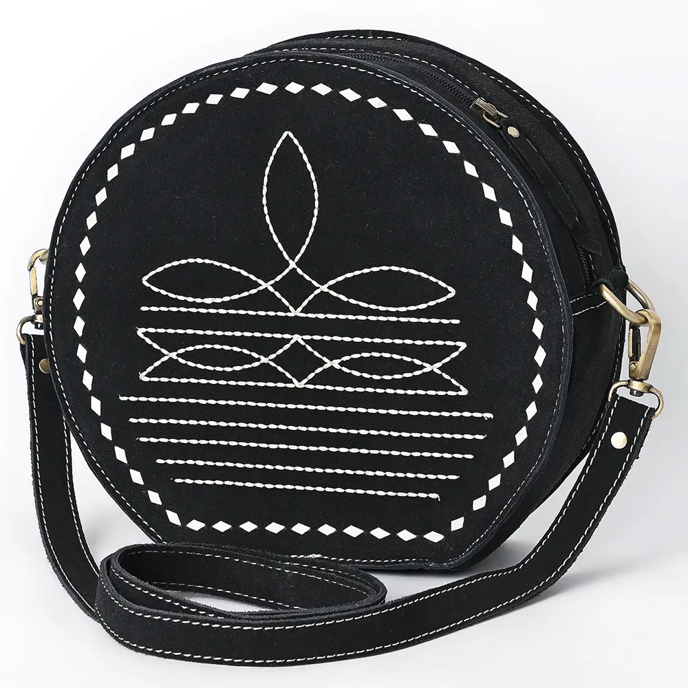 American Darling Genuine Suede Leather Canteen Bag Boot Stitched Embroidery Western Crossbody Round Purse