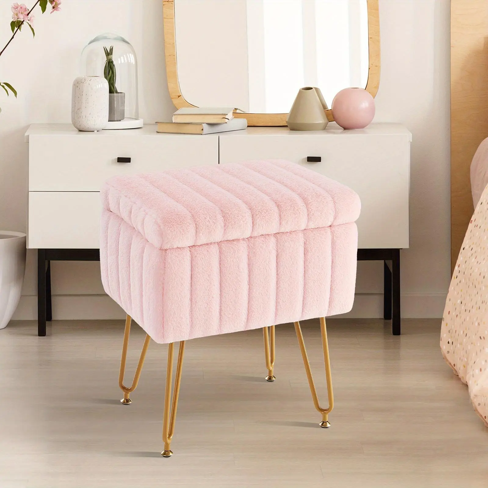 OLIXIS Chair - Soft Faux Fur with Storage - 4 Metal Legs with Non-Slip Feet - Furry Seat Cushion for Comfort and Breathability - Cute Colors Modern Multi-Function Chair - Perfect for Christmas, Valentine's Day, Various Holiday Gifts