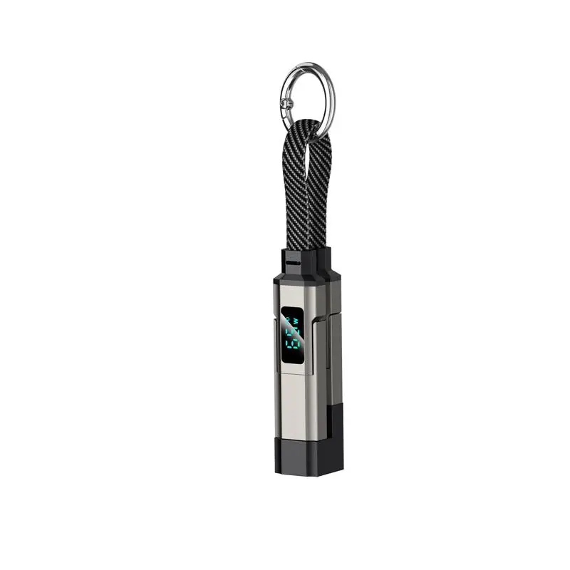 4-in-1 Mobile Data Sync & Charging Cable, Short Black Braided Keychain Lanyard with LED Display, PD Fast Charging for Sports & Outdoor Use