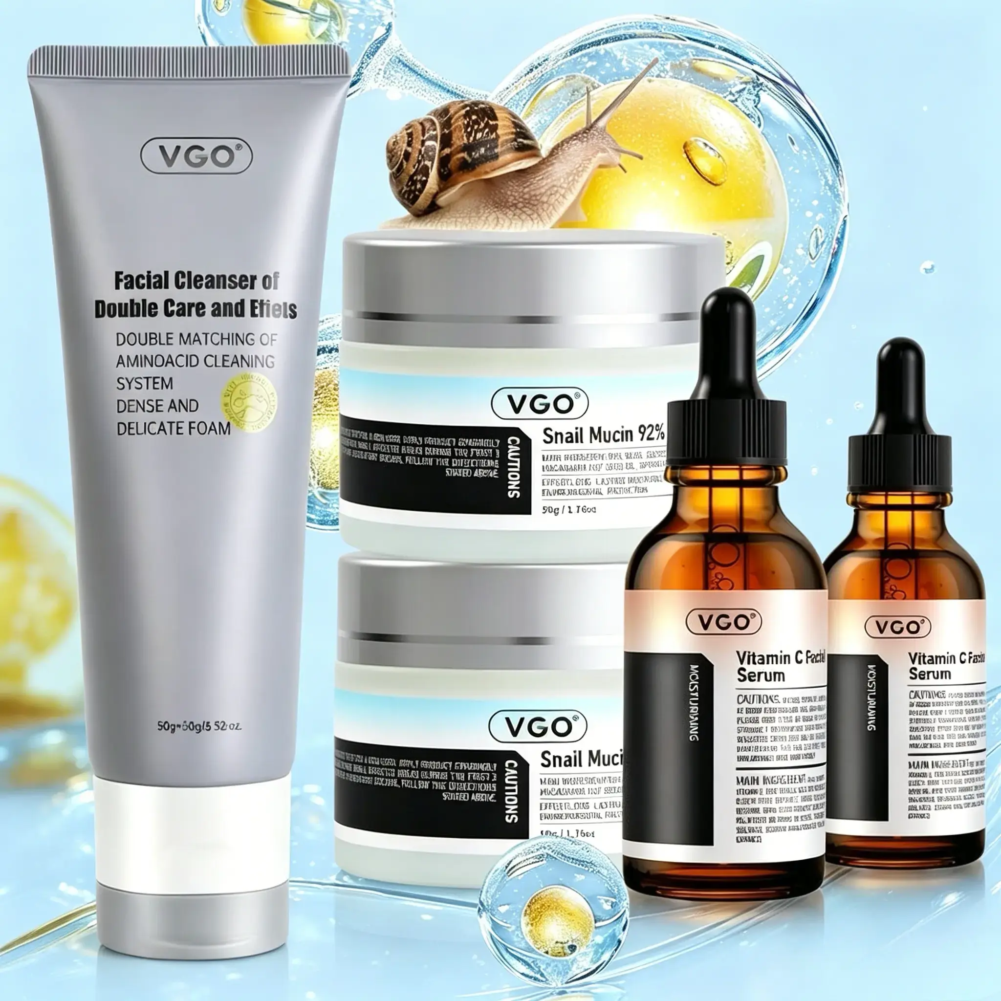 VGO 3-Piece Boxed Anti Aging Bundle Skin Care Kit with Snail Mucin & C+Snail Duo Serum, Anti-Aging, Brightening, Morning Routine Acne Care, Daily Face Repair for All Skin Types