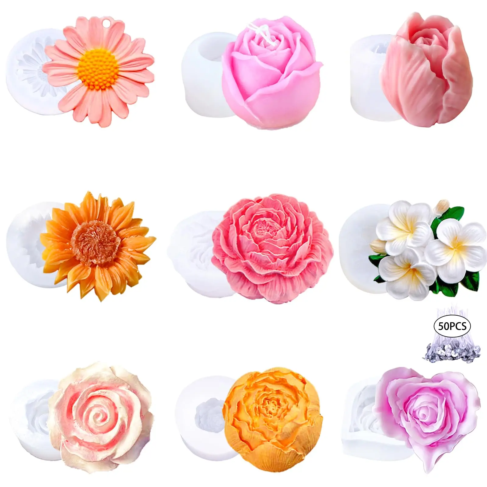 9 Pcs Flexible 3D Floral Shapes Silicone Mold Set - Rose & Tulip, Tear-Resistant, Non-Stick, Reusable, Easy Demold, with 50 Candle Wicks for Soy Wax, Beeswax, Birthday Gift Ideas, Girlfriend Birthday Gift for Crafting Enthusiasts, Flower Mold