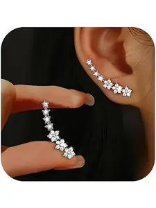 3D Flower CZ Climbing Earrings, Sparkly Crystal Crawler Ear Jackets, Lightweight Silver Plated Fashion Jewelry for Daily & Special Occasions