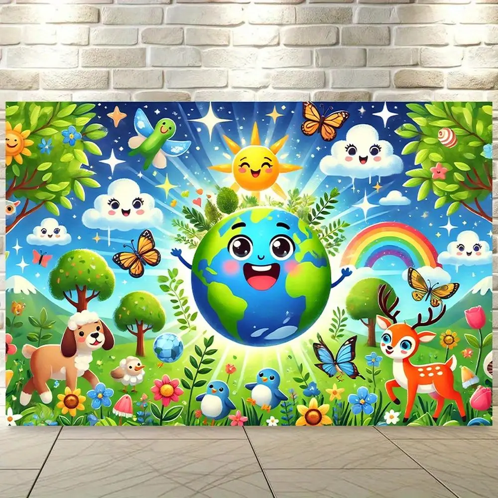 1pc 2D Flat Backdrop Banner Bright Earth Smiling Gently Fabric Wall Covering Background Cloth for Living Room Bedroom Office and Outdoor Decor Ideal for Parties and Holiday Gifts No Electricity Needed Ornaments
