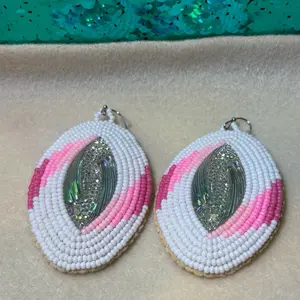 White and Pink Twist Beaded Earrings - Native American Beadwork