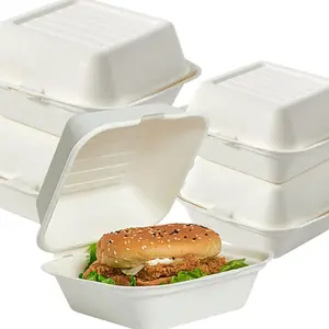 GoGreen 50 Pack Clamshell Take Out Food Containers - 100% Compostable Disposable To Go Containers for Salads, Cakes, - 6 * 6 Inch Boxes,White