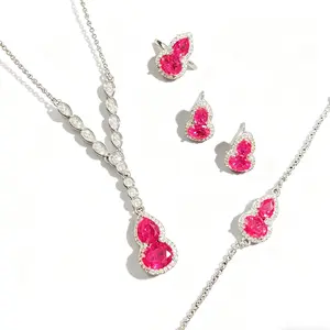 Red Ruby Gemstone Set for Women – Gourd Stud Earrings, Pendant Necklace, and Luck Bracelet; Fashionable and Elegant Jewelry Set
