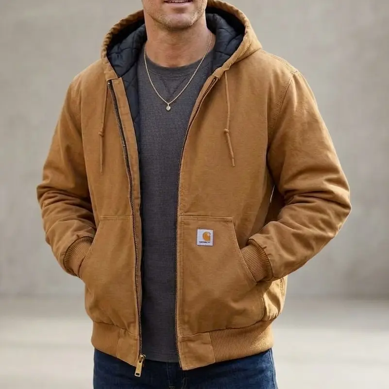Carhartt Men Quilt Insulated Hooded Work Jacket, Heavyweight Washed Canvas Rugged Outer Coat, Durable Warm Outerwear for Construction, Field Work and Daily Outdoor Wear