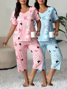 Women's V-Neck Butterfly Print Short Sleeve Top & Seven-Fourth Pants Set, Casual Fashion Home Wear, Pajamas Lounge Set, Comfortable Daily