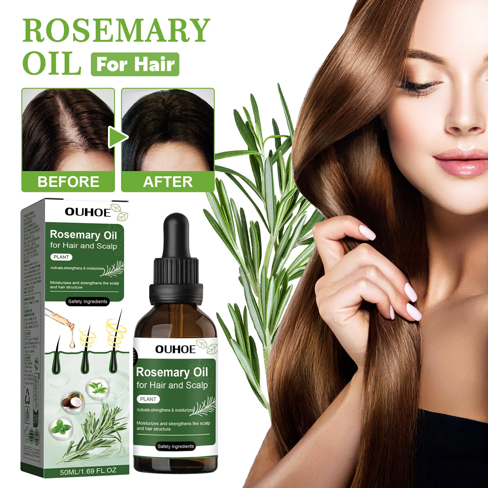 Rosemary Hair Oil，It clears away excess oil, dirt and dead skin cells on the scalp, nourishes the scalp and helps minimize hair shedding. It boosts scalp circulation, nourishes hair roots and replenishes nutrients essential for healthy hair growth.