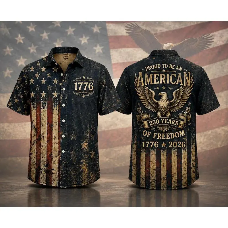 Men's Casual Vintage American Flag Tropical Print Short-Sleeve Polyester Button-Up Menswear Shirt - 1776 Patriotic USA 250th Freedom Gifts For Him, Outdoor Beach Walks Wear, #TikTokMadeMeBuyIt, #TikTokShop