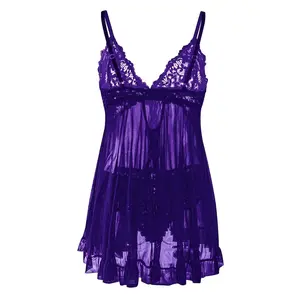 Large Size Lace Sleepwear Dress - Exquisite Contrast Lace, Flattering V-Neckline, Daring Backless Design, Delicate Ruffle Trim, Trendy Split Hem, Seductive Thong Detail, Ultra-Comfortable Fabric, Perfect For Romantic Nights, Ideal Gift For Her