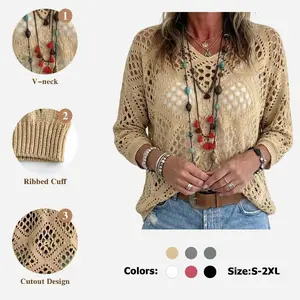 Women's Boho V-Neck Crochet Knit Top - Casual Chic Hollow Out Pullover with Batwing Sleeves | Lightweight Breathable Summer Sweater & Beach Cover Up Blouse #Springtok #TikTokShopJumpstartSale