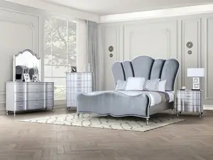 FM7416SV-4PC 4 pc Eleanora silver finish wood fabric tufted headboard queen bedroom set