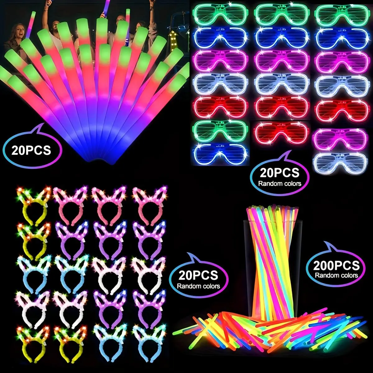 260 PCS Glow in the Dark Party Supplies, New Year's Party Favors - 20 Foam Glow Sticks, 20 LED Glasses, 20 Bunny Hair Bands, 200 Glow Sticks for Halloween, Christmas, Concerts, Birthdays, Holiday Party