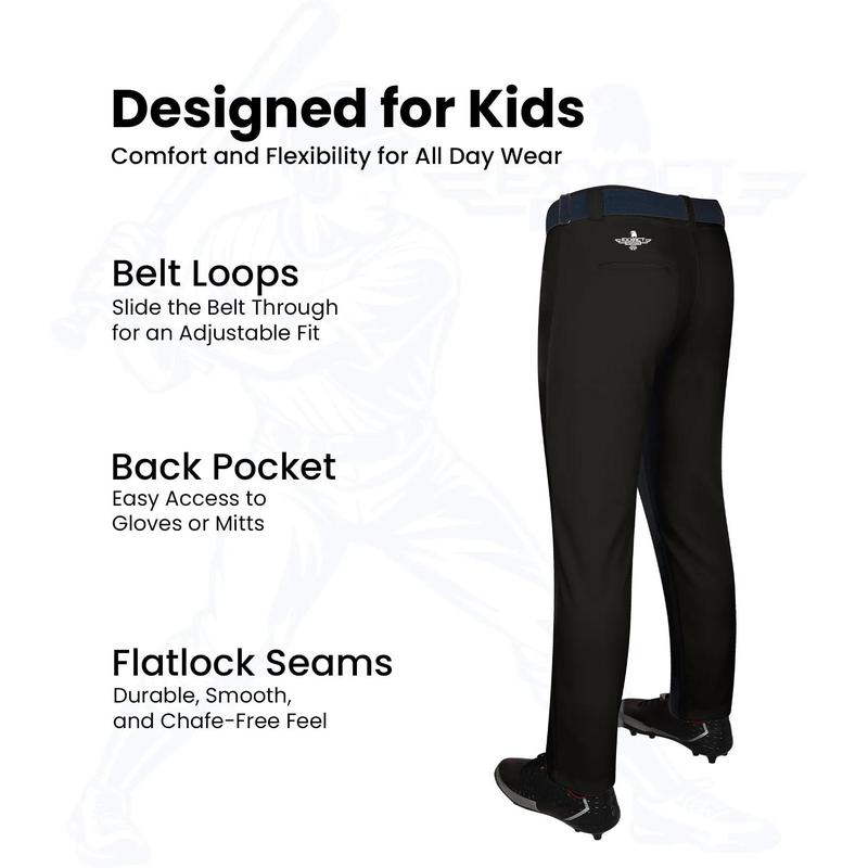 Exxact Sports Pull-Up Youth Baseball Pants with Adjustable Drawstring, Full-Length, No-Fly, Open Bottom Boys Baseball Pants (Black)