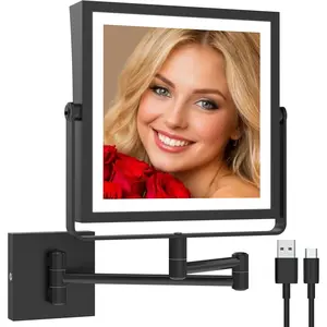 Rechargeable Wall Mounted Makeup Mirror with Lights, Double Sided 1X/10X Magnifying  Mirror with 3 Color Lighting,  Screen Dimmable, 360? Rotation Extension Foldable Arm(Matte Black)