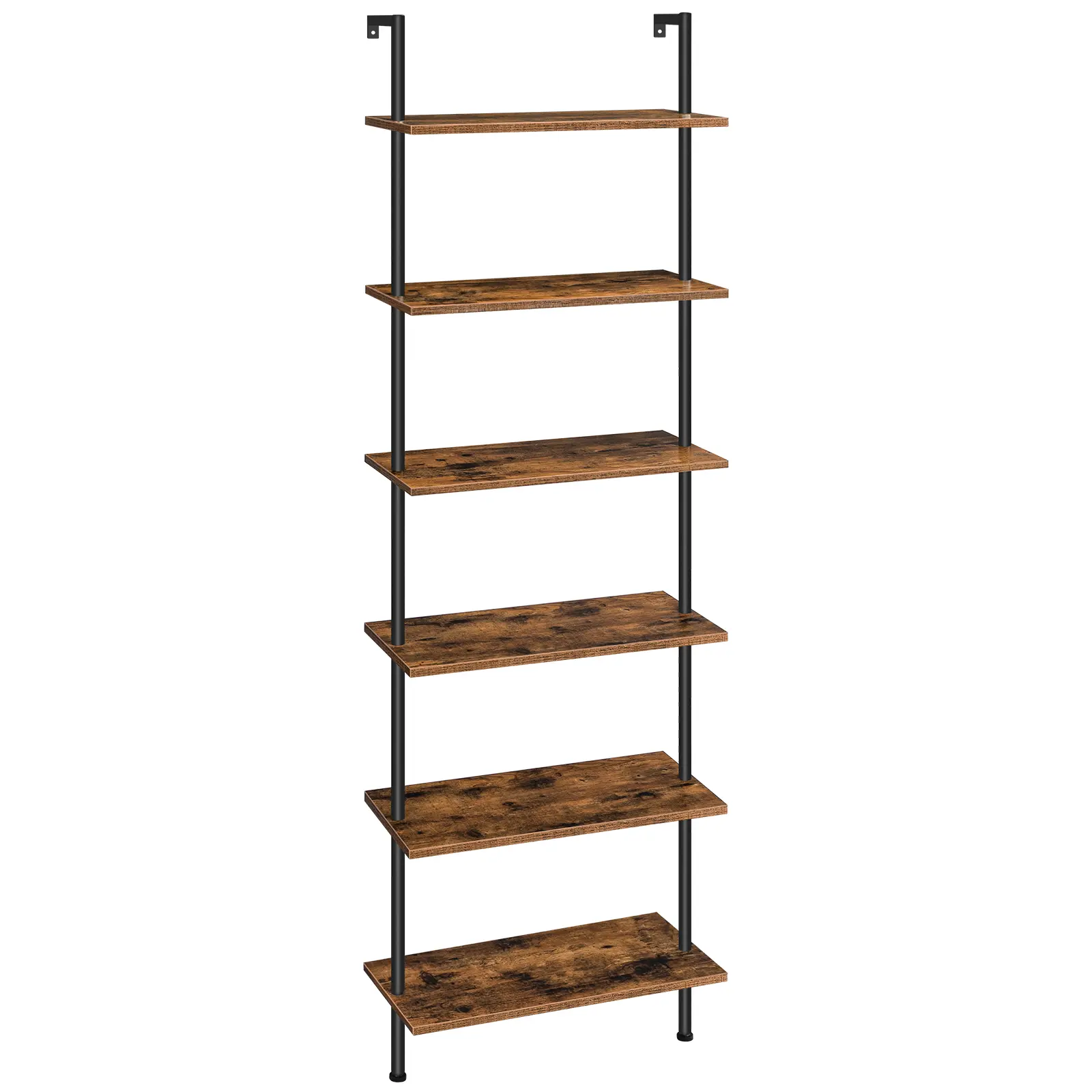 HOOBRO DIY Ladder Shelf, 6-Tier Wall Mounted Bookshelf, Office Vertical Bookcase, Wooden Storage Shelves for Home, Bedroom, Rustic Brown and Black #SummerVibes
