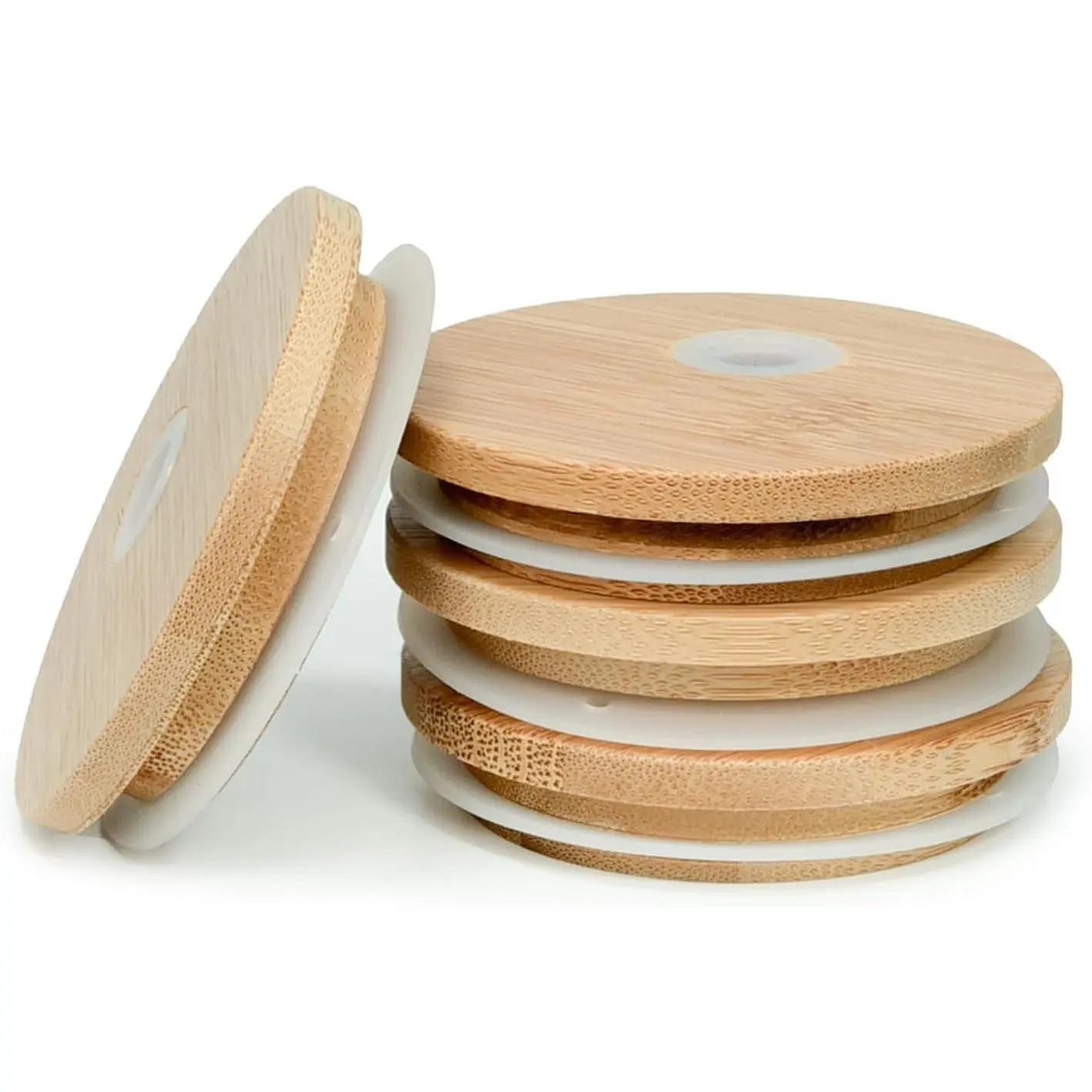 4 Pack Bamboo Lids for Glass with Straw Hole, 2.75 inch/70 mm Wooden Lids for 16 OZ Beer Can Cups, Replacement Canning Lids for Regular Mouth 20 OZ 24 OZ Glass