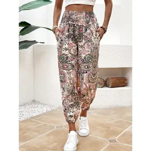EthnicGraphicPrintPants,BohoShirredWaistLongLengthPants,Women'sClothing