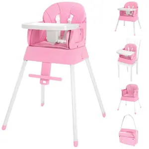 5 in 1 Foldable Baby High Chair,Convertible Highchair for Babies and Toddlers-Portable Infant Booster Seat,Carry Small Box,Dining Chair,Toddler High Chair with 5-Point Harness,Removable Tray-Pink