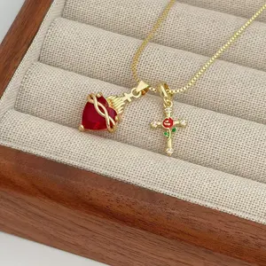 New Heart-Shaped Rose & Cross Multi-Charm Necklace - A Heart-Shaped Zircon "Sacred Heart" Clavicle Chain, the Perfect Gift for Your Girlfriend