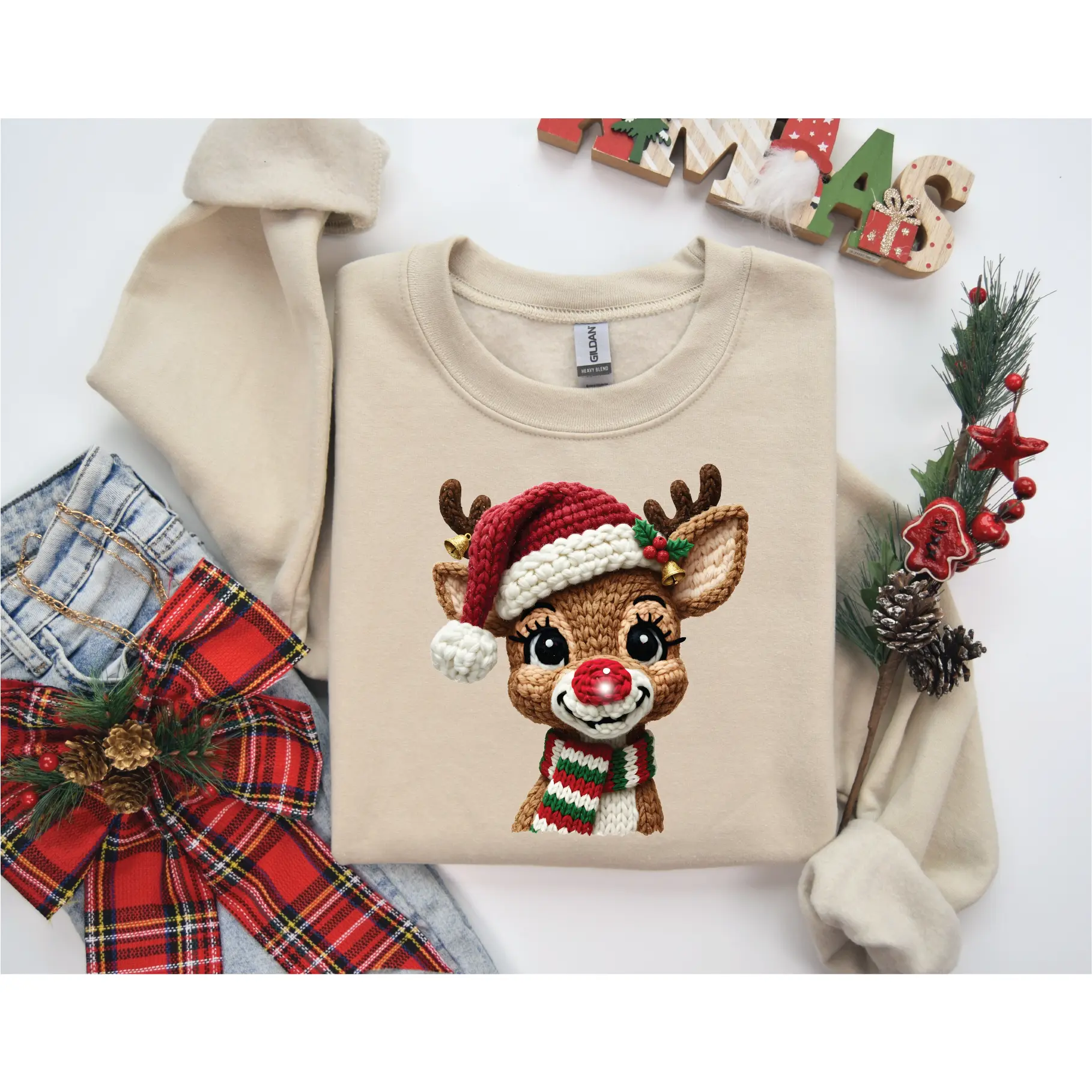 Faux Yarn Rudolph Christmas Sweater
