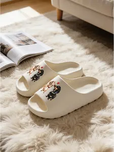 Unisex Couple Slippers with Dog Print, Soft Eva Sole, Non-Slip Bathroom Shoes, Indoor Outdoor Wear, All-Season Comfort