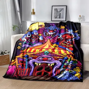 A Terrifying Blanket Featuring a Circus Theme - a Soft Flannel Bedspread Adorned with Clowns, Carnival Tents, Vampire Bats, And Clown Faces - Suitable for Year-Round Use on Sofas, Beds