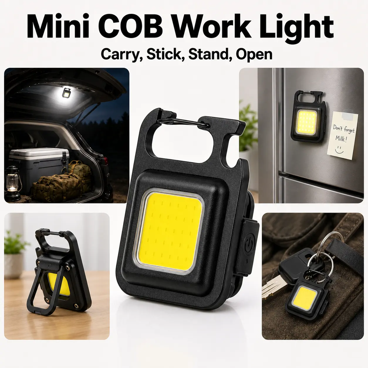 COB LED Keychain Lamp, Compact Multi-Use Small Size USB Rechargeable Mini Portable Flashlight with Plastic Body, Magnet-Stand, Bottle Opener for Car, Garage Use