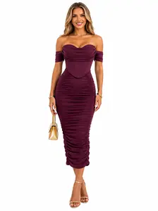 Summer Women's Off The Shoulder Midi Dress Built-in Bra Ruched Corset Bodycon beach vacation outfit Cocktail Party Dresses Sleeveless Womenswear
