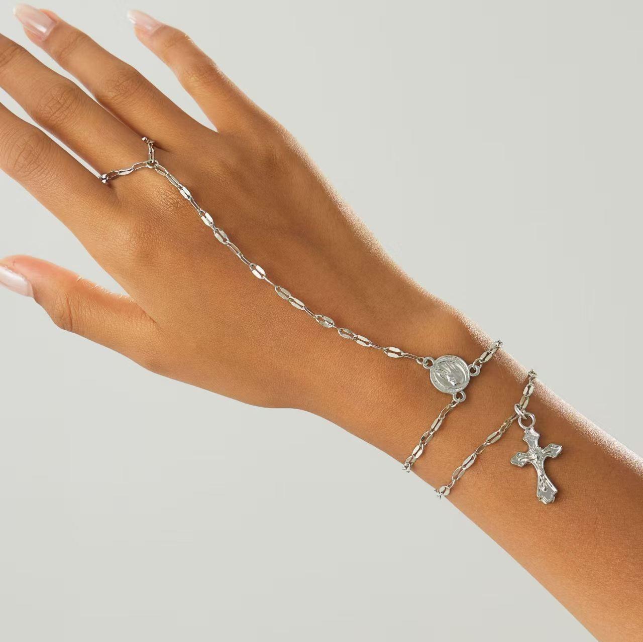 Gold Layered Hand Chain Bracelet with Cross and Virgin Mary Pendant, Dainty Sequins Chain Slave Bracelet Ring Combo for Women and Girls, Religious Jewelry