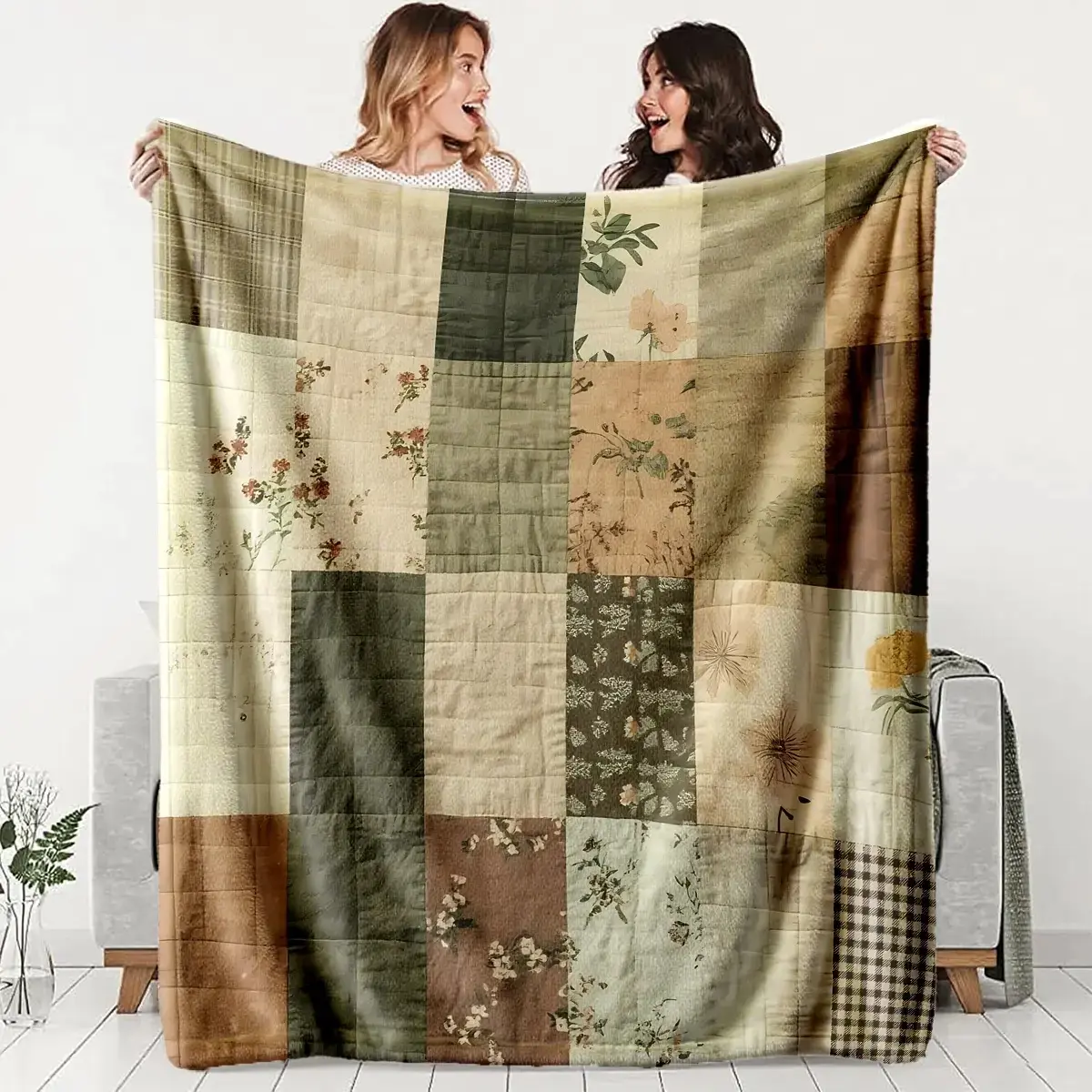 Vintage Patchwork Floral Print Flannel Throw Blanket - Soft, Cozy, Lightweight XL Blanket for Couch, Bedroom, Cottage-Style Home Decor