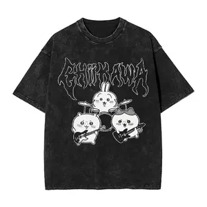 Heavy Metal Chiikawa Usagi & Hachiware Garment-Washed, Distressed T-Shirt — A unisex, pure cotton, loose-fit top featuring a crew neck, vintage aesthetic, and street-style flair—the perfect choice for festive-themed outfits.