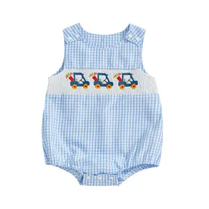 Newborn Baby Boy Girl Outfit Sleeveless Bubble Romper Crewneck Car Embroidery Striped Overalls Bodysuit Infant Summer Clothes