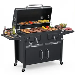Bestfire Extra Large Heavy-Duty Charcoal Barbecue Grill with Dual-Zone Control, Porcelain Enamel Grates, Warming Rack, Foldable Side Tables & 4 Casters, Cast Iron shelf