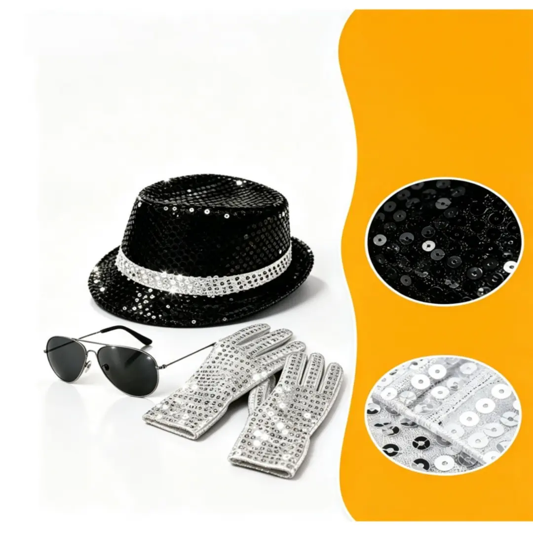Relive MJ’s Legend! King of Pop Disco Stage Accessory Set, Glitter Fedora, Sequin Glove & Retro Shades, 80s Nostalgic Party Props for Halloween, Music Fest, Nightclub