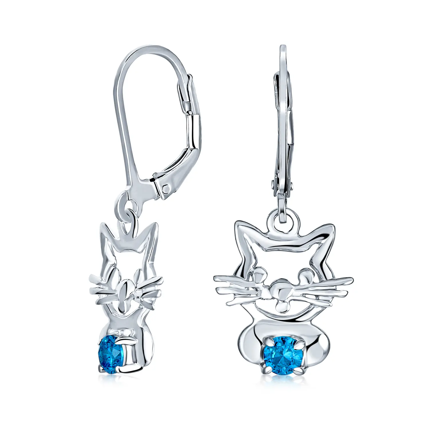 Small Kitty Pink Blue CZ Accent Dangle Cat Earrings .925 Sterling Silver