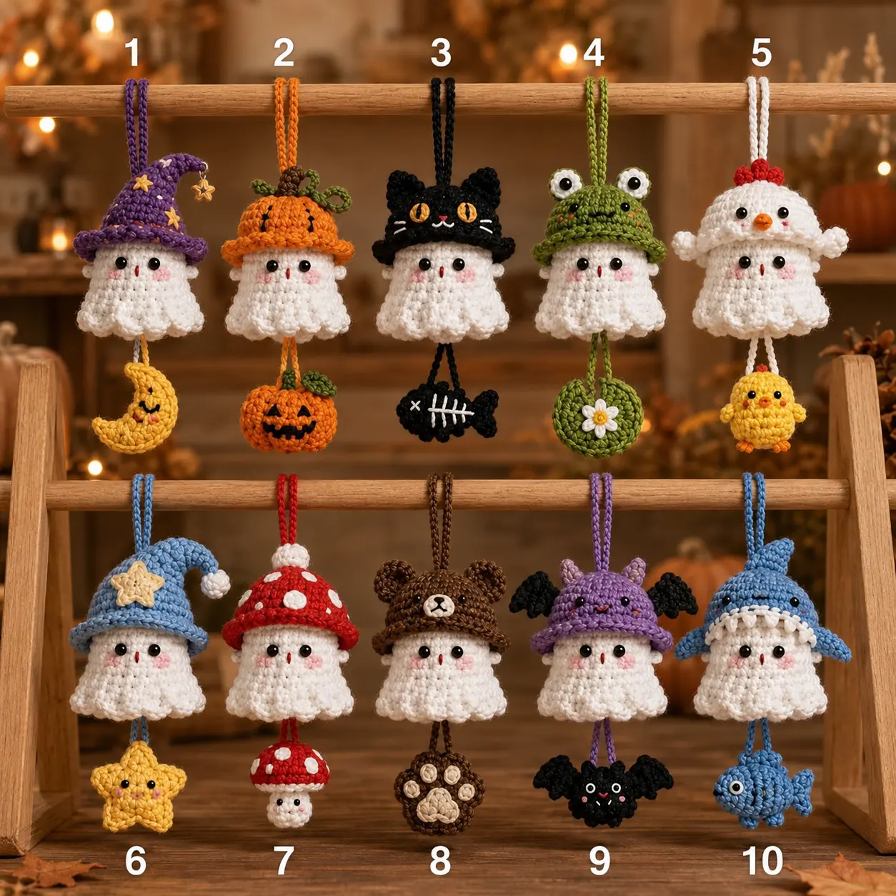 Crochet Ghost Car Charm Collection, Halloween Rearview Mirror Hanging, Cute Amigurumi Ornament Gift