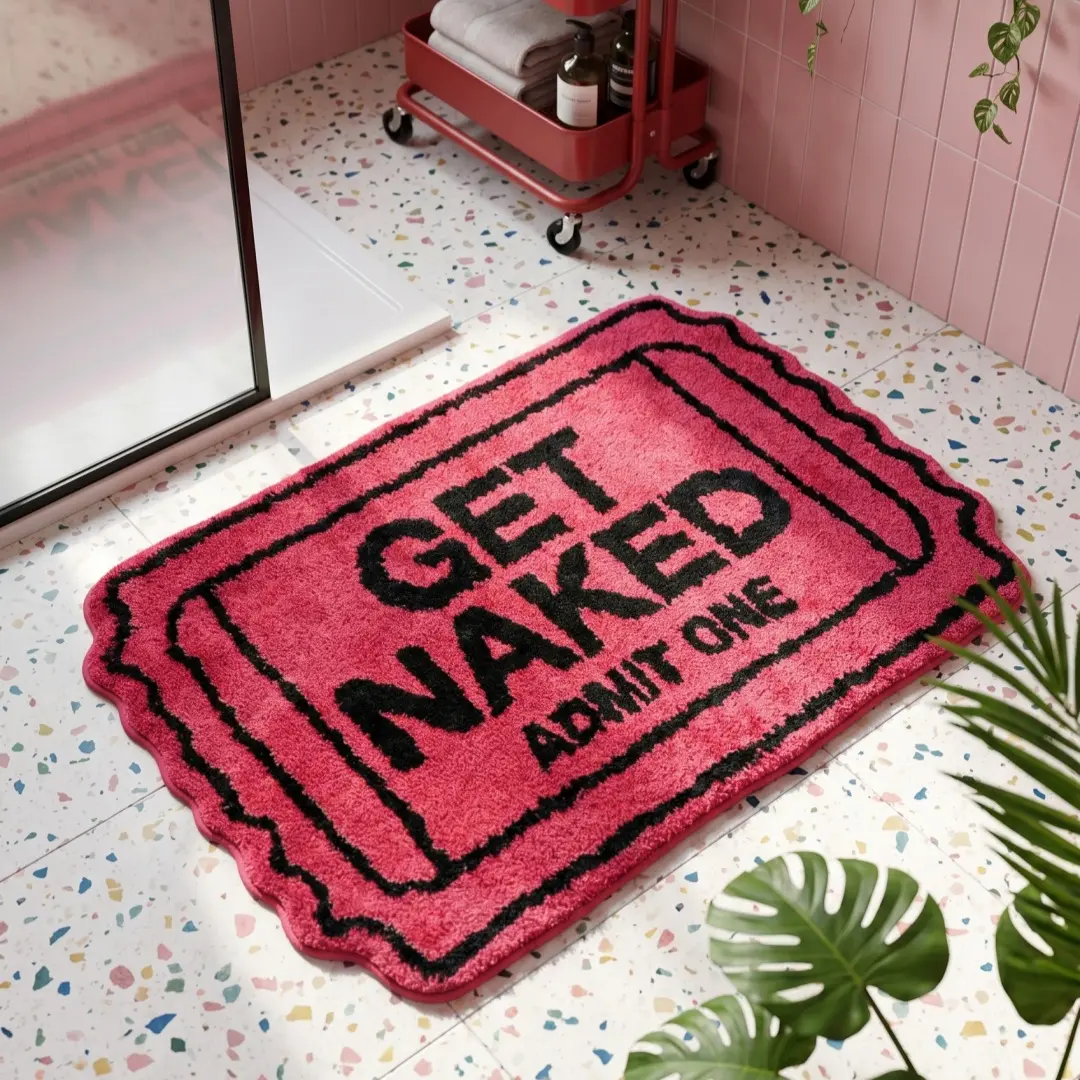 Plush Rectangle "Get Naked" Funny Cute Pink Ticket Bath Mat, Fluffy Soft Absorbent Anti-Slip Rug for Bathroom Decor, Shower & Bathroom Accessories