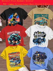 Boys Summer Casual Cool Truck Racing Print Comfortable Versatile Short Sleeve T-Shirt, Random Style, Perfect Gift Clothing