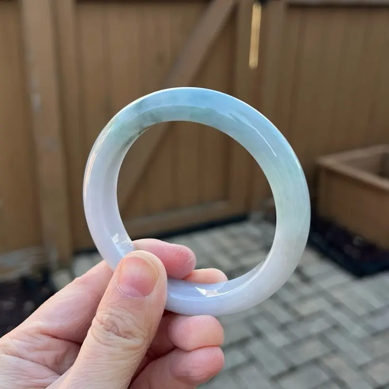 25029-L Certified Untreated Grade A Jade Bracelet - Round 55.8mm (Burmese Jadeite Bangle, White/Green)